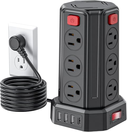 Power Strip 6.5 Ft Extension Cord with 12 AC Multiple Outlets 4 USB (1 USB C), SMALLRT Power Strip Tower Desktop Charging Station for Home Office College Dorm Essentials - color: Black, size: 6.5 ft