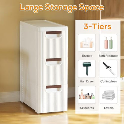 3 Drawers Slim Bathroom Storage Cabinet Dresser, Narrow Plastic Rolling Cart Organizer with Drawers, for Small Spaces, Kitchen, Laundry, Office, Bedroom, White - size: 7.5"x16.5"xx22.2"(3-Drawer)