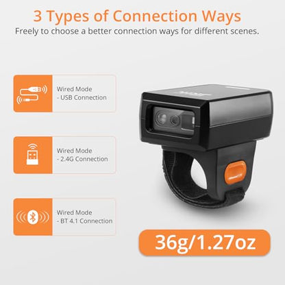 1D 2D Finger Barcode Scanner, Mini Wearable Ring 2.4G Wireless & USB Wired & Bluetooth Scanner, Portable Image QR Bar Code Reader PDF417 Data Matrix Screen Scan Compatible with iPad, Phone, PC