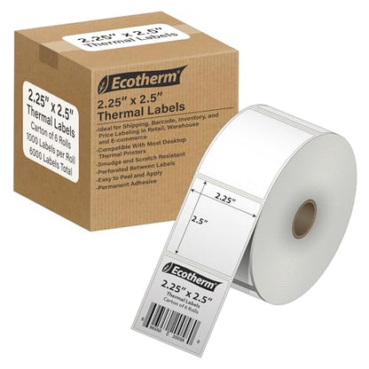 2.25" x 2.5" Thermal Labels | 6 Rolls | 6000 Labels | fits Zebra, Munbyn, Rollo, Godex, Arkscan, iDPRT, Offnova Thermal Label Printers and More | Blank White Adhesive Stickers by Ecotherm - size: 2.25 x 2.5 - 6000 Labels