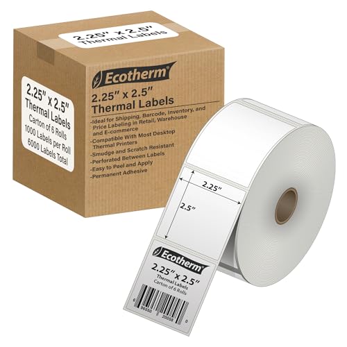2.25" x 2.5" Thermal Labels | 6 Rolls | 6000 Labels | fits Zebra, Munbyn, Rollo, Godex, Arkscan, iDPRT, Offnova Thermal Label Printers and More | Blank White Adhesive Stickers by Ecotherm - size: 2.25 x 2.5 - 6000 Labels
