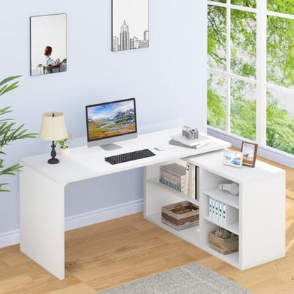HSH White L Shaped Desk with Storage, Home Office Desk for Work, 55 Inch - color: White Oak