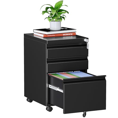 MIIIKO 3 Drawer File Cabinet on Wheels, Home Office Mobile File Cabinet Under Desk, Full Assembled Metal Filing Cabinets with Lock for Legal/Letter/A4 File Folders - color: Black, size: 3Drawer-24.5"H