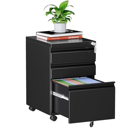MIIIKO 3 Drawer File Cabinet on Wheels, Home Office Mobile File Cabinet Under Desk, Full Assembled Metal Filing Cabinets with Lock for Legal/Letter/A4 File Folders - color: Black, size: 3Drawer-24.5"H