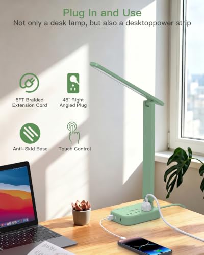 LED Desk Lamp Power Strip with 4 USB 3 Outlets, Dorm Room Essentials, Green - color: Green, size: 5 Ft