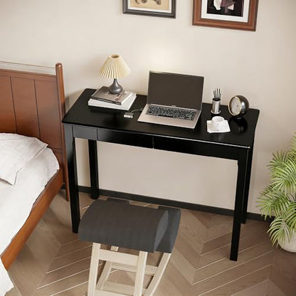 Solid Wooden Desk with Drawers - 39 x 16 Inch Modern Narrow Desks, Rubberwood Simple Study Table, Small Writing Desk for Bedroom|Small Spaces - Black Desks - color: Black, size: 39.4 in W x 15.7 in D
