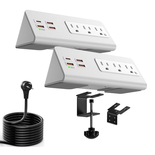 Upgraded Version Edge Mount Power Strip with USB-C Ports Tabletop Surge Protector Desk Clamp Power Sockets with 3 AC Outlets &4 Fast Charging USB Ports for Home Office Hotel Dormitory (White- 2pack) - color: White- 2pack