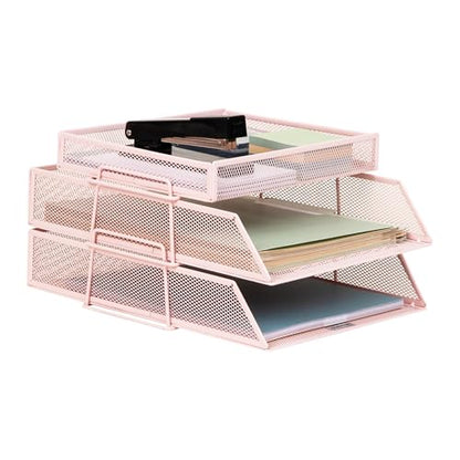 Mind Reader 2 Tier Paper Tray with Top Supply Compartment, Desktop File Organizer, Metal Mesh, Pink - color: Pink
