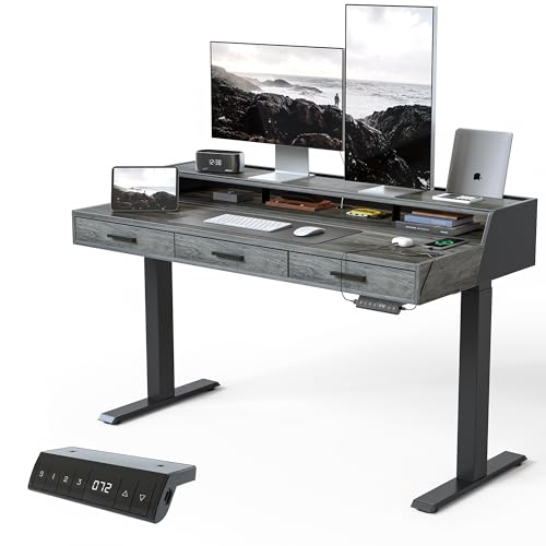 CubiCubi Standing Desk 55x26 Inches with 3 Wood Drawers and Monitor Shelf, Ergonomic Rising Home Office Desks, Height Adjustable Computer Desk, Sit Stand Up Electric Workstation Table, Antique Grey - color: Antique Grey, size: 55" x 26"