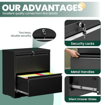 2 Drawer Lateral File Cabinet with Lock, File Cabinet for Home Office,Black | Heavy-Duty Steel Locking File Cabinet, Hanging Letter/Legal/A4 Size, Full-Extension Silent Drawer, Un-Assembly - color: Black, size: 2 Drawers