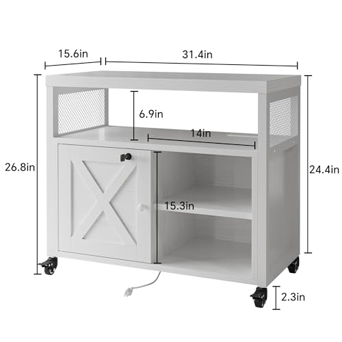 FUSUNBAO Farmhouse Printer Stand with Storage, Rolling Printer Cabinet with Shelves, Charge Station, Wheels, and File Cabinet for Home Office Storage (White) - color: White