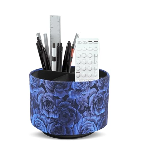 Round Leather Art Supply Organizer,Remote Control Holder,360 Degree Rotating,Multi-Functional Pencil Holder,4 Compartments Desktop Stationary Organizer(1-3D Rose Blue) - color: 1-3D Rose Blue