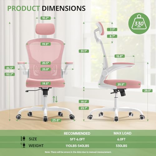 Office Chair Ergonomic Desk Chair, 330LBS Capacity, High Back Computer Design for Long Hours Comfort, Rolling Swivel Executive Task for Home Office with Flip-up Armrests, White Pink