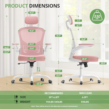 Office Chair Ergonomic Desk Chair, 330LBS Capacity, High Back Computer Design for Long Hours Comfort, Rolling Swivel Executive Task for Home Office with Flip-up Armrests, White Pink