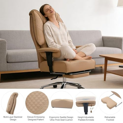 EXCEBET Big and Tall Office Chair 400lbs Wide Seat, Leather High Back Executive Office Chair with Foot Rest, Ergonomic Chairs Lumbar Support for Lower Back Pain Relief, All-Day Comfort (Brown) - color: Light Brown