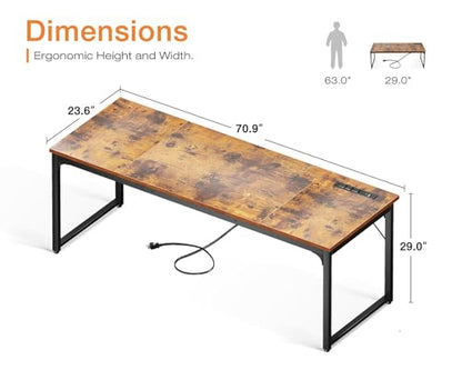Coleshome 71 Inch Computer Desk with USB Ports, Large Office Desk, Long Study Student Writing Desk, Rustic Brown - color: Rustic Brown, size: 71 Inches