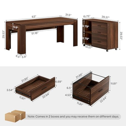 Tribesigns 63" L Shaped Desk with Storage, Executive Office Desk with Mobile Lateral File Cabinet Combo, Large Computer Table with Drawers and Shelves, Business Furniture Set for Home Office, Walnut - color: Walnut