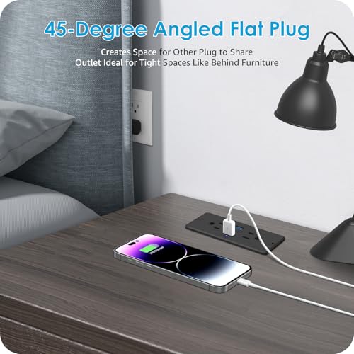 HHSOET 5 in 1 Recessed Power Strip Flat Plug, 65W Fast Charging Furniture Outlet with USB, Conference Recessed Socket with 2 AC Plugs, 2 USB Ports 1 USB-C, 10ft Power Cord. (Black)