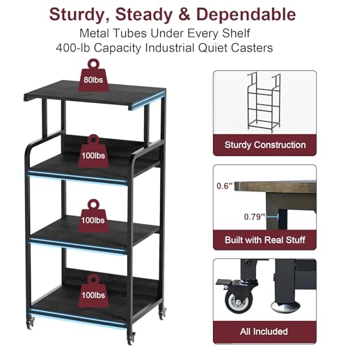 4 Tier Printer Stand with Wheels, Extra Large Tall Printer Table for Home Office, Printer and Shredder Stand with Storage Shelf (Black) - color: Black