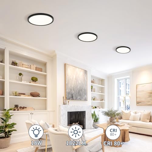 6 Pack 8.6 Inch LED Flush Mount Ceiling Light, ETL ,18W, 1822LM, 3000K/3500K/4000K/5000K/6500K CCT Selectable, 0.66in Ultra Thin Round Flat Panel Ceiling Light Fixture for Bedroom, Kitchen, (Black) - color: Black, size: 8.6"-6pack