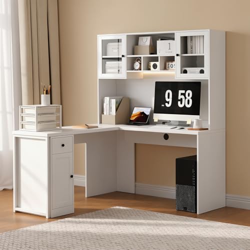 TUSY Reversible L Shaped Desk with Hutch & Storage Cabinet, 71“ Corner Desk with LED, White Computer Desk with Drawers, DIY Home Office Desk for Small Space, Craft Desk with Storage