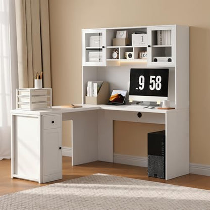 TUSY Reversible L Shaped Desk with Hutch & Storage Cabinet, 71“ Corner Desk with LED, White Computer Desk with Drawers, DIY Home Office Desk for Small Space, Craft Desk with Storage