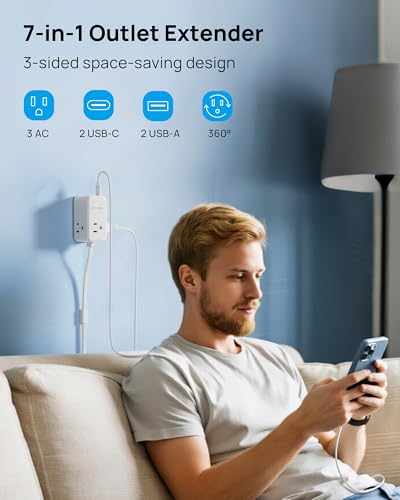 TROND Electrical Outlet Extender 360° Rotating Plug with 20W USB C, 18in | Short Extension Cord, Wall Plug Adapter with 3 AC Outlets, Access Hard-to-Reach Outlets Use Behind Couches, Desk, White - size: 1.5 FT 360° Rotating Plug