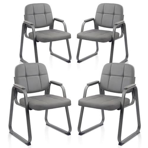 CLATINA Leather Guest Chairs Set of 4, Office Reception with Padded Arms, Desk Chair with Sled Base for Office Conference Waiting Room, Grey - color: Grey-sled Base, size: 4pack