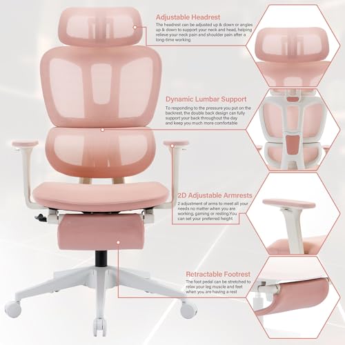 Ergonomic Office Chair with Retractable Footrest, Pink | High Back Design, Dynamic Lumbar Support, 2D Headrest & 2D Armrests, Breathable Mesh Back for Home Office - color: Pink