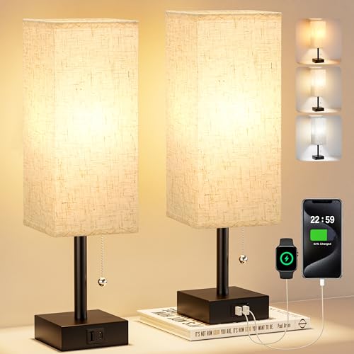 Bedside Lamps for Bedroom Set of 2 - Small Rectangular Nightstand Lamp with USB A C Charging Port, 3 Color Temperatures Desk Light with Bulb, Tabletop Reading Lamp for Living Room/Dorm/Office | USB A+C Ports, 3 Color Temperatures, LED Bulb Included, Pull