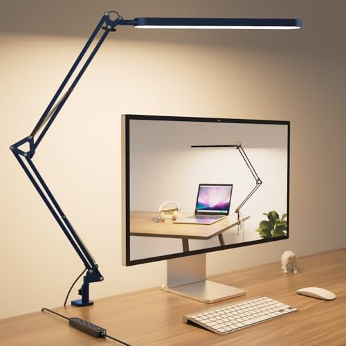 SKYLEO Desk Lamp - LED Desk Light - 5 Color Modes X 11 Brightness Levels - Adjustable Swing Arm - Timmer & Memory Function - 12W Lamp for Desk - Blue - style: Blue swing arm