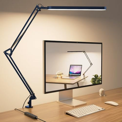 SKYLEO Desk Lamp - LED Desk Light - 5 Color Modes X 11 Brightness Levels - Adjustable Swing Arm - Timmer & Memory Function - 12W Lamp for Desk - Blue - style: Blue swing arm