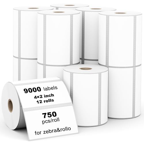 (9,000 Labels/12 Rolls) Labelebal 3-Proof 1" Core 12 Rolls 4" x 2" Inch Direct Thermal Labels, Address Shipping Labels Compatible with Rollo & Zebra Desktop Printers Adhesive - color: Zb-4''x2''-12 Rolls-9000 Labels