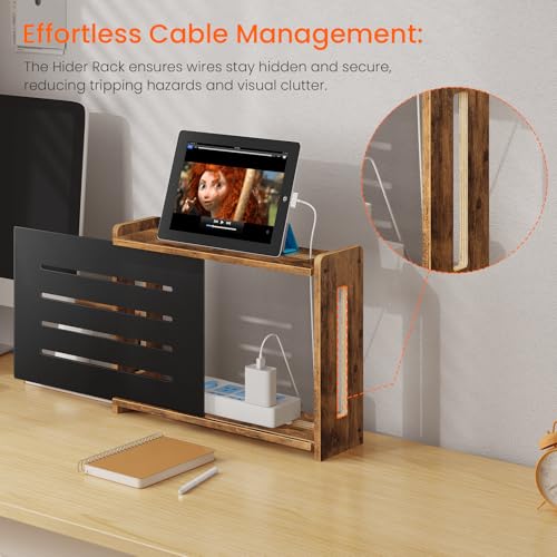 Wooden WiFi Router Box Hider, Wall Mount Router Shelf | Decorative Modem & Power Strip Storage Cabinet with Metal Frame, Internet Cable Management Organizer, Rustic Brown