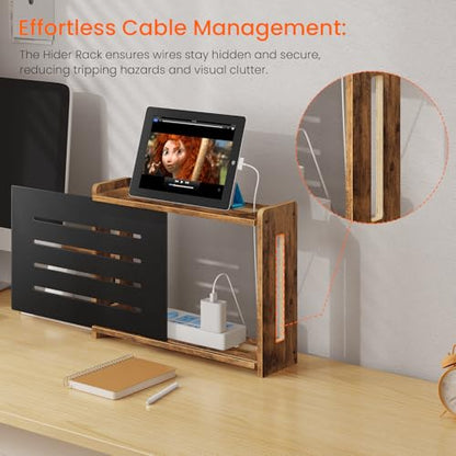 Wooden WiFi Router Box Hider, Wall Mount Router Shelf | Decorative Modem & Power Strip Storage Cabinet with Metal Frame, Internet Cable Management Organizer, Rustic Brown