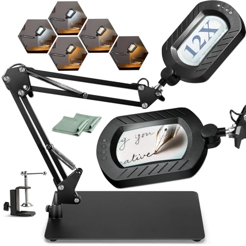 12X Square Magnifying Glass with Light and Stand with 144 LEDs Brightness, 5 Color Modes Hands Free Lighted Magnifying Glass, 10 Dimmable Brightness Magnifying Desk Lamp for Close Work Craft Reading - color: Black