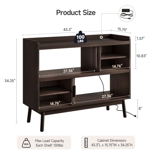 ONBRILL 44" Sideboard Buffet Cabinet with Outlet & Sliding Door, Brown - color: Brown, size: 44"