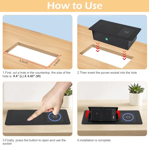 Table Pop Up Outlet Automatic Pop Up Strip Center Countertop Recessed Power Strip with 15W Wireless Charger + USB A + USB C + 2AC 5.9Ft Cord for Conference Desk Office Kitchen (Black-Wireless) - style: Black-Wireless