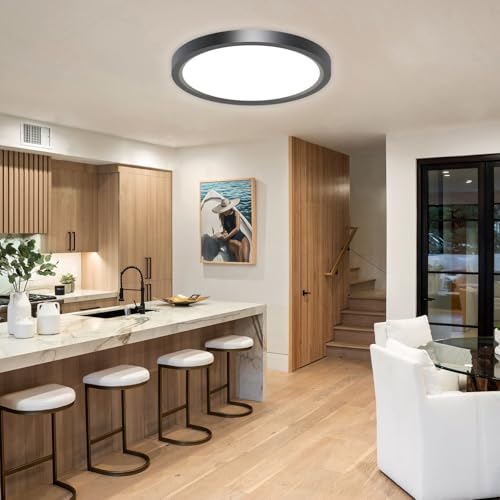 1PACK LED Flush Mount Ceiling Light Fixture, 3000K-4000K-6500K & 100W Equivalent Modern Kitchen Ceiling Lamp 24W 3200Lm 12 Inch Closet Round Surface for Bathroom Laundry Bedroom Hallway, Black - color: Black, size: 12Inch-1Pack