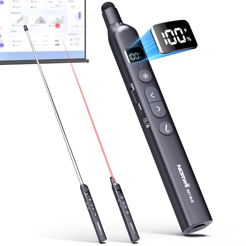 N21 Bluetooth Presentation Clicker for PowerPoint with Retractable Pointer | ①Laser Pointer②Telescopic touch pen③Countdown timer, vibration alert ④Customizable Button ⑤Rechargeable;battery level display - color: Black - Red Pointer