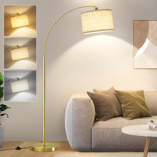 Luvkczc Arc Floor Lamp, 71" Tall Standing Lamp with On/Off Foot Switch, Gold Floor Lamp for Living Room with Adjustable Drum Lampshade, Over Couch Arched Reading Light for Reading, Bedroom, Office - color: Gold,Beige