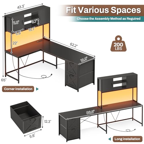 SEDETA Reversible L Shaped Corner Gaming Desk with Drawers, Led Lights - color: Black