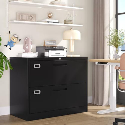 BYNSOE 2 Drawer Lateral File Cabinet Metal Filing Cabinet with Lock Office Home Steel Lateral File Cabinet for A4 Legal/Letter Size Lockable Wide Metal Cabinet,Assembly Required(2 Drawer, Black) - color: Black, size: 2 Drawers