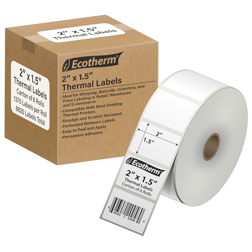 2" x 1.5" Thermal Labels | 6 Rolls | 8220 Labels | fits Zebra, Munbyn, Rollo, Godex, Arkscan, iDPRT, Offnova Thermal Label Printers and More | Blank White Adhesive Stickers by Ecotherm - size: 2 x 1.5 - 8220 Labels
