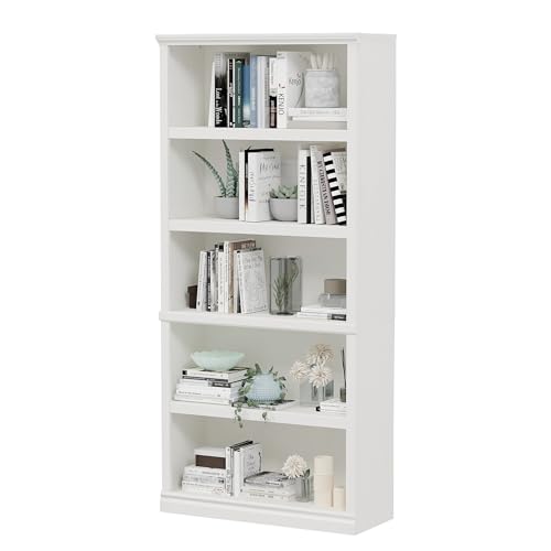 Bevfint 70-Inch Tall White Bookcase, 5 Tiers Shelves Open Storage Bookshelf | 33 In Wide Anti Tipping Indoor Furniture, Book Cases for Home Library Office Bedroom School - color: White Wood-like Surface, size: 5-Tier Open Bookcase