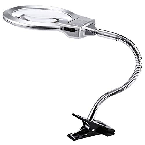 Magnifers Lighted Hands Free,Pro-Flex Desk Led Magnifying Glass Lamp 2.25X 5X Insert Lens Desktop Table Lamp for Close Work, LED Lighted Gooseneck Magnifier with Clamp for Reading Silver