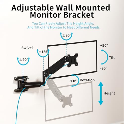 Suptek Single Wall Mount Monitor for 13-32" | Full Motion Adjustable, Gas Spring Arm, Holds up to 22lbs, VESA 75x75/100x100