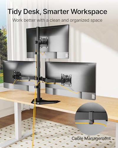 monTEK Freestanding Triple Monitor Stand for 17-32" Screens, 22 lbs Each | Solid V-shaped base, three-screen full-motion arms, height adjustment, tilt, swivel, rotation and VESA 75/100 - size: Triple Monitor