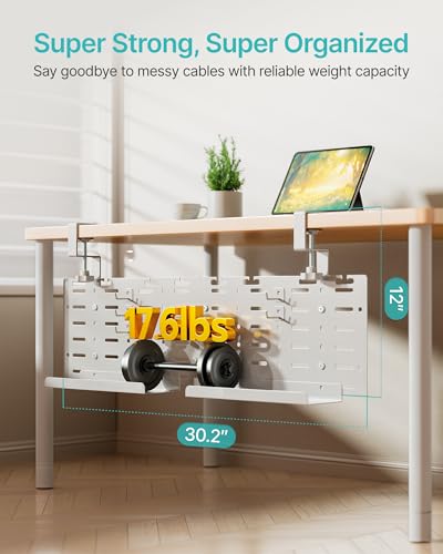 PEGZONE Under Desk Cable Management Tray, 30.2" No-Drill C-Clamp Pegboard - color: White