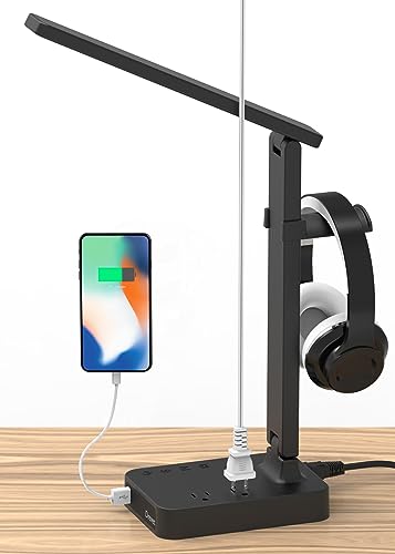 Drevet LED Desk Lamp with Headphone Stand, Desk Light with 1 USB Charging Port and 2 AC Power Outlet, 3 Lighting Modes, 3 Level Brightness,1H Timer, Memory Function, Eye-Caring Gaming Desk Lamp - color: Black3.0 with headphone stand